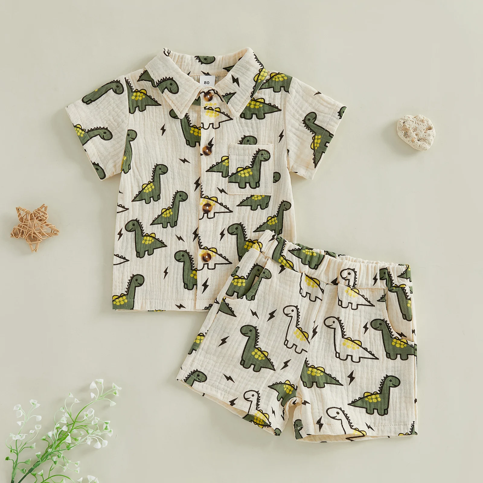 VISgogo 2-teiliges Sommer-Outfit für Kleinkinder, Jungen, mit Dinosaurier-/Enten-Aufdruck, kurzärmeliges Oberteil mit Umlegekragen und Shorts-Set