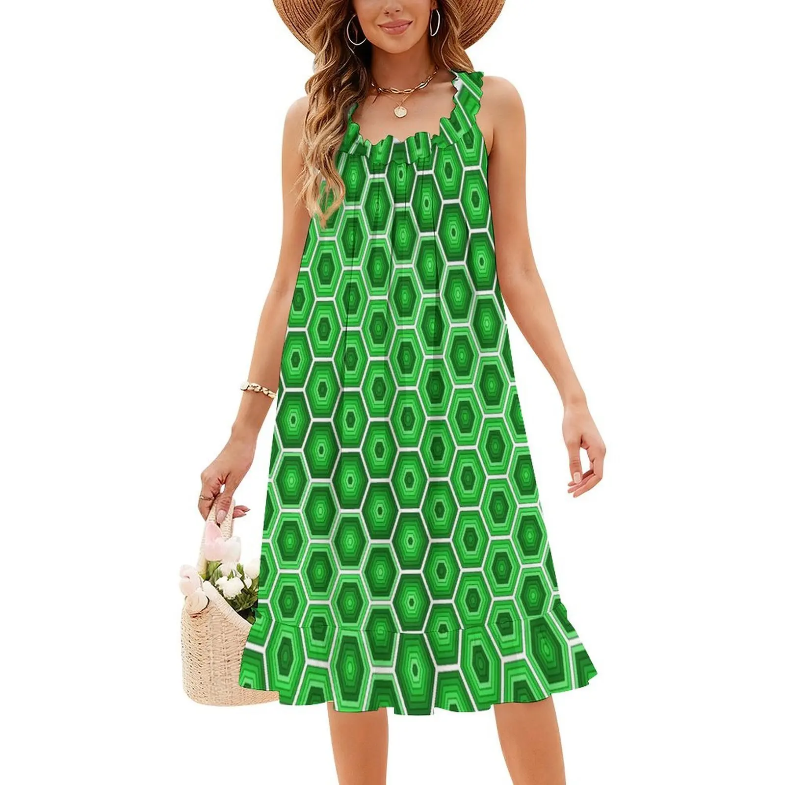 فستان حفلات نسائي من السداسي الأخضر ملابس عصرية مطبوعة للنادي للسيدات سداسية خضراء هندسية متحدة المركز للنساء