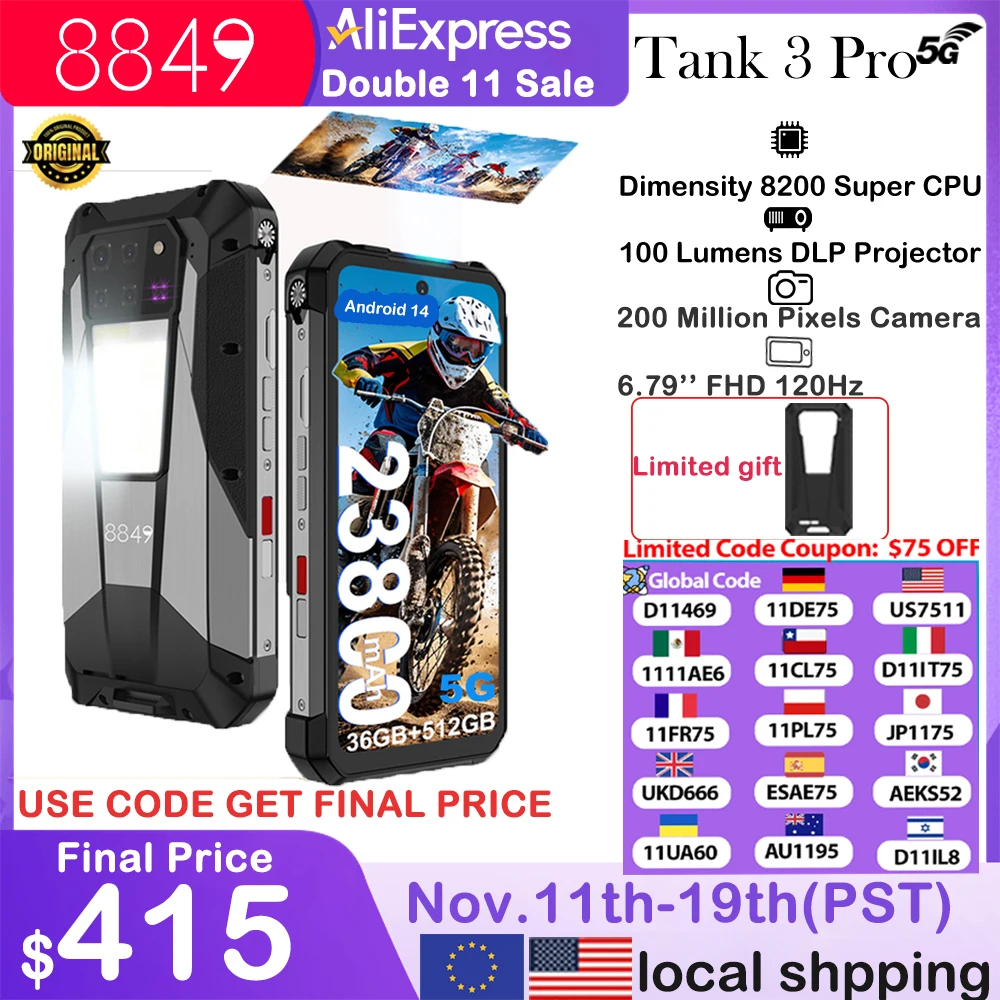 

8849 Tank 3 Pro Unihertz Rugged Projector Smartphone 23800mAh 5G Android14 Outdoor Phone 512GB+36GB 120W Fast Charging Dual Sim