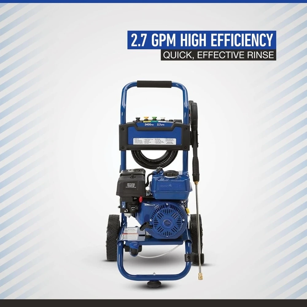 Gas Cold Water Pressure Washer, 3400 PSI, 2.7 GPM, Maintenance-Free Axial Pump, Steel Tube Frame