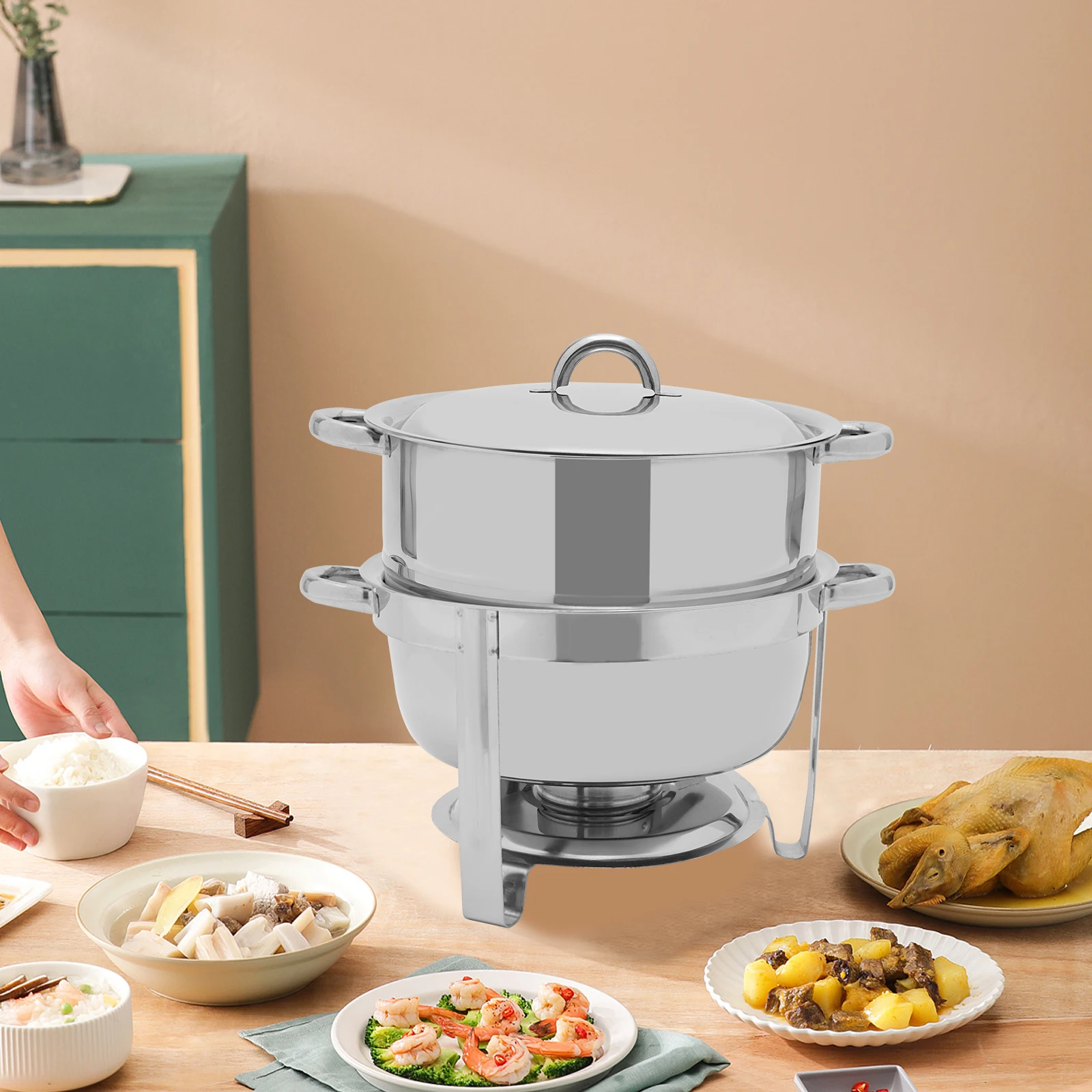 

(Silver) 13.5L Stainless Steel Chafing Dish Buffet Chafer, Round Chafing Dish Warmer Tray, 14.2Qt Soup Pot Food Warmer Hot Pot