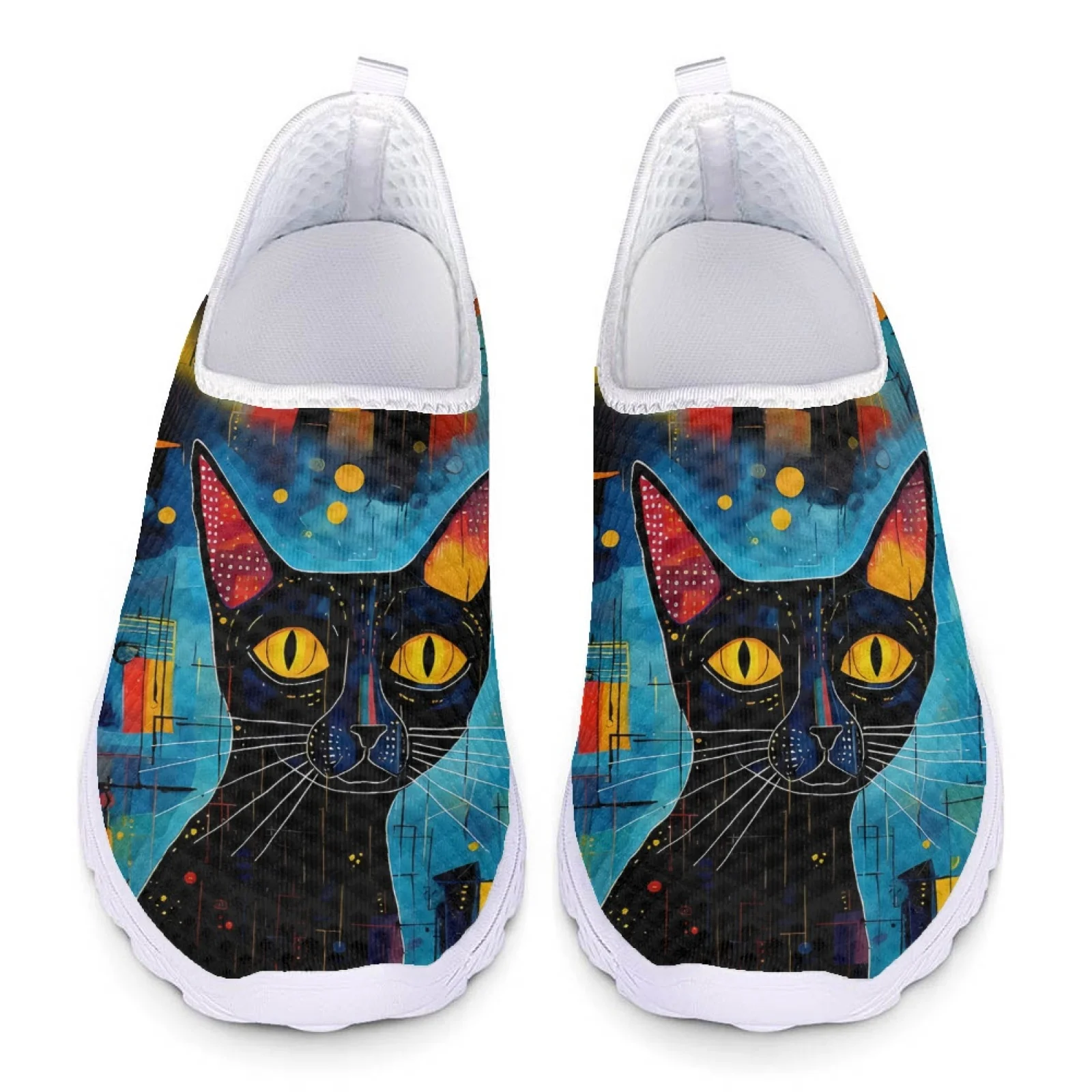 INSTANTARTS Slip On Shoes For Women Hand Painted Black Cat Designer Summer Mesh Shoes Lightweight Home Loafers Cartoon Cat Shoes