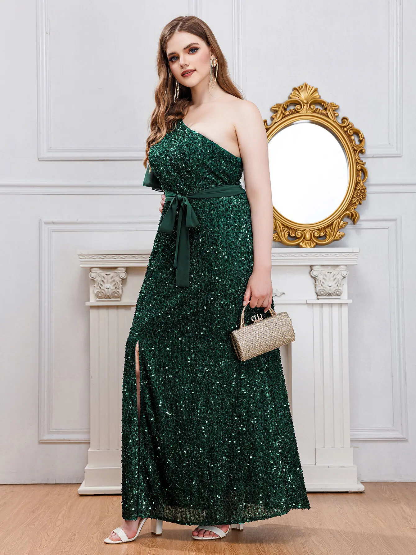 Women Dresses Slant Shoulder High Waist Sequins Split Plus Size Evening Party Dresses New Solid Color Short Sleeve Elegant Dress