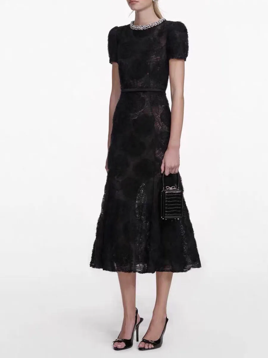 TWOTWINSTYLE Solid Spliced Flower Slim Midi Dress for Women Round Neck Short Sleeve Patchwork Diamond Dresses Female New Style