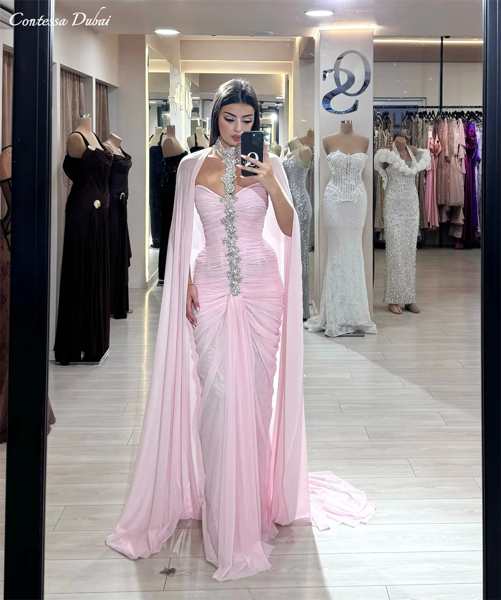 

Contessa Customized Gemstone decoration Party Prom Dress Strapless Tiered Ruffle robes de soirée With shawl Formal events dress