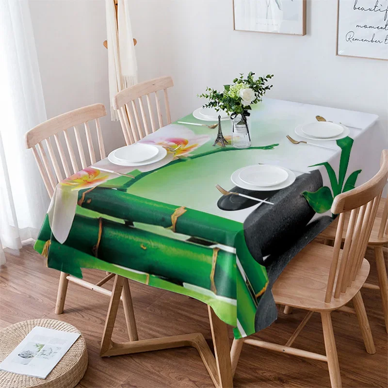 

Zen Stones Orchids Flower Green Bamboo Tablecloth Waterproof Dining Table Rectangular Round Tablecloth Home Kitchen Decoration