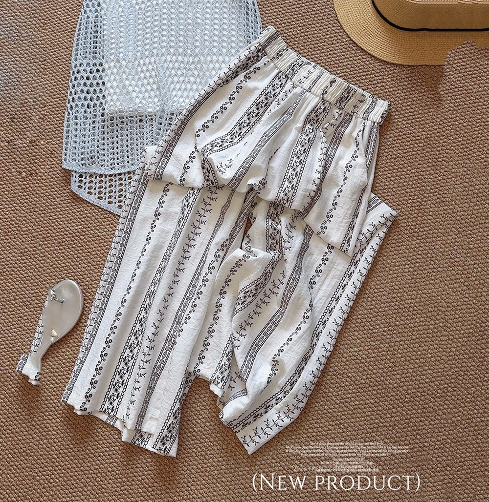 

Широкие брюки из хлопка и льна с высокой талией, женские летние повседневные свободные прямые брюки с эластичной резинкой на талии, утягивающие драпированные стильные брюки