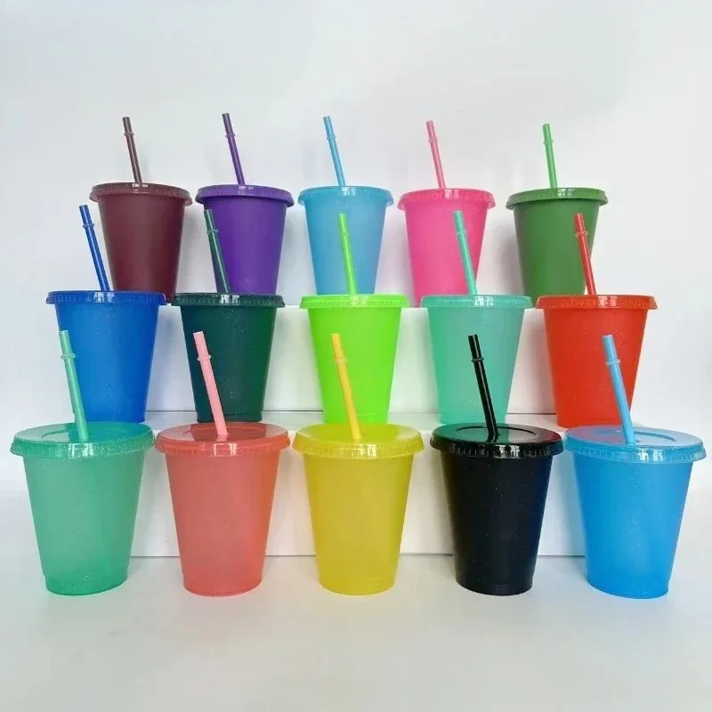 500ml PP New Color Changing Cup Creative Glitter Plastic Straw Cup Summer Large Capacity Beverage Water Cup