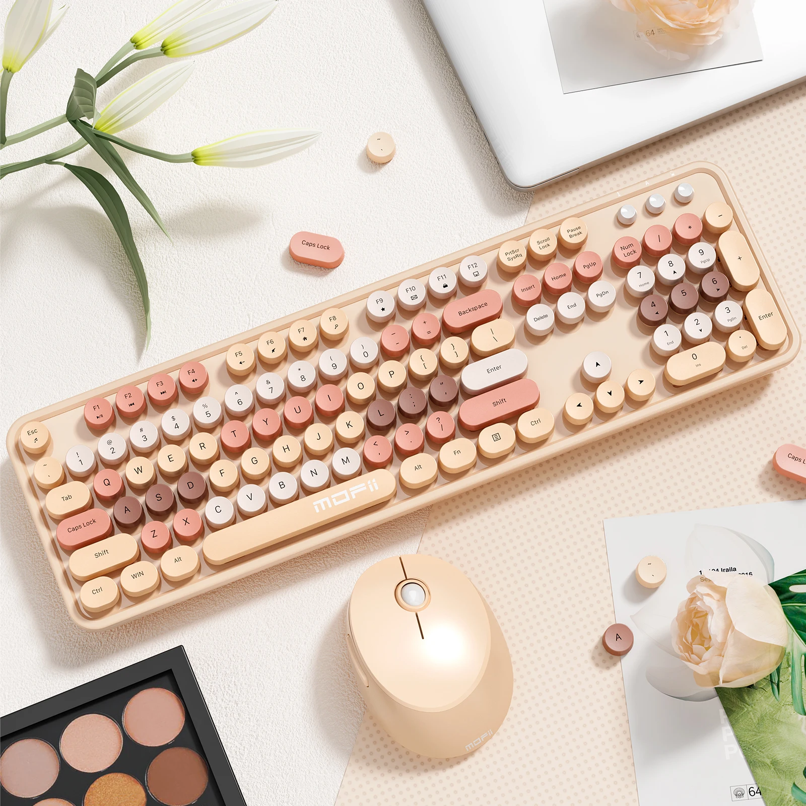MOFii Sweet Wireless Keyboard Mouse Combo, Milk Tea Gradient Retro Round Keyboard, Silent for Women, US QWERTY
