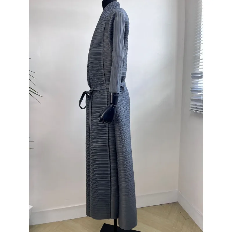 Miyake Pleated Long Coat 2023 Autumn New Long Cardigan Windbreaker Coat Solid Loose Large Lapel with Belt Women Coat Robe