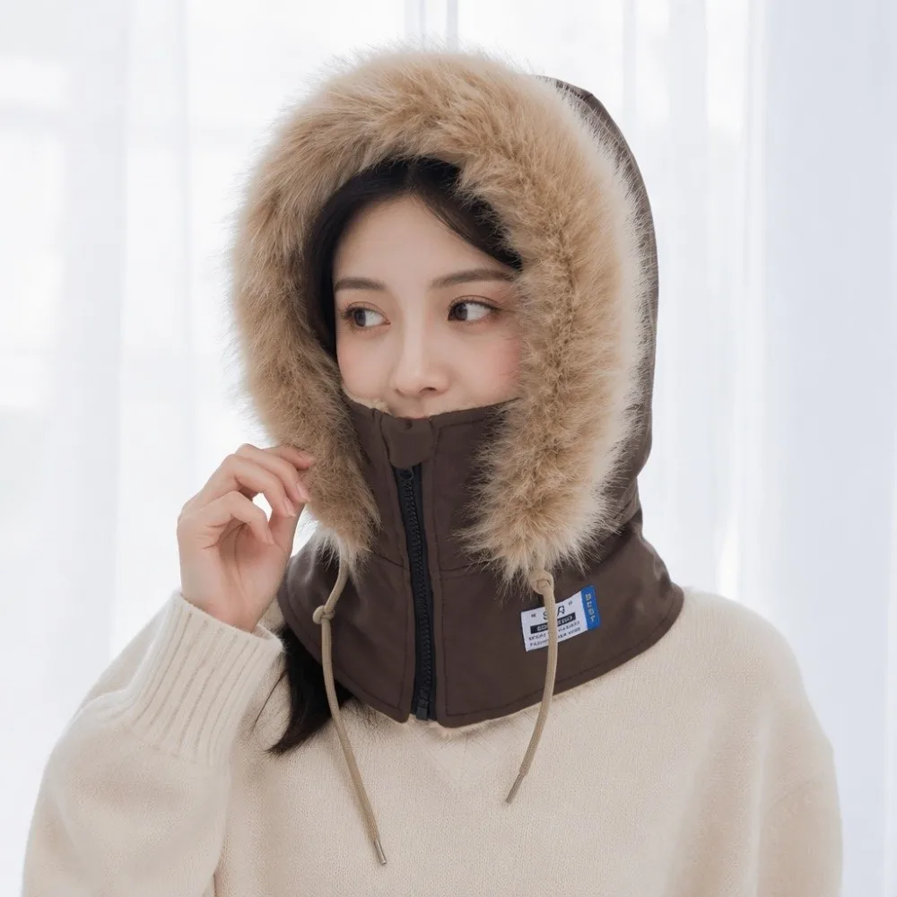 Thick Fleece Lined Winter Balaclava Hat Zipper Adjustable Windproof Full Face Neck Warmer Fluffy Faux Fur Trim Unisex Design