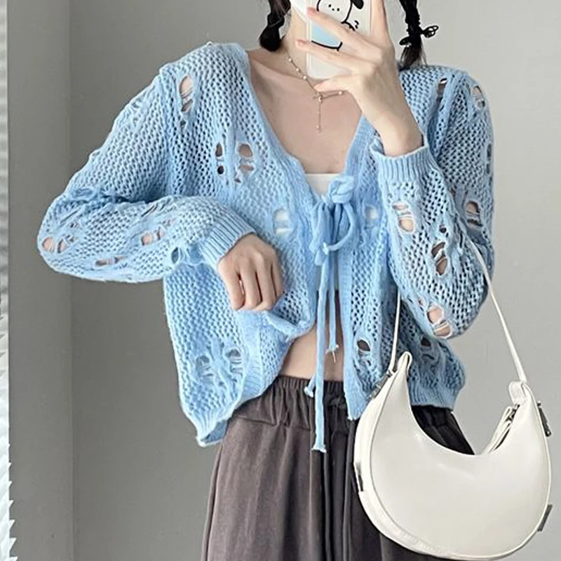 Women\'s Clothing Trendy Sexy Hollow Lace Up Solid Knitted Cardigan Female Simple Casual Sweet V Neck Long Sleeve Y2K Smock Tops