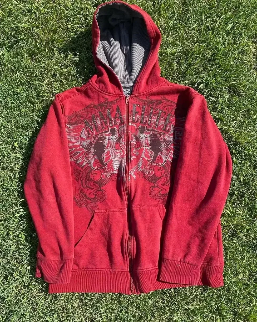 2025 New Red Hip Hop Zipper Hoodies Vintage Elite Full Zip Hoodie Sweatshirt Size Skull Printing Red Sweatshirts
