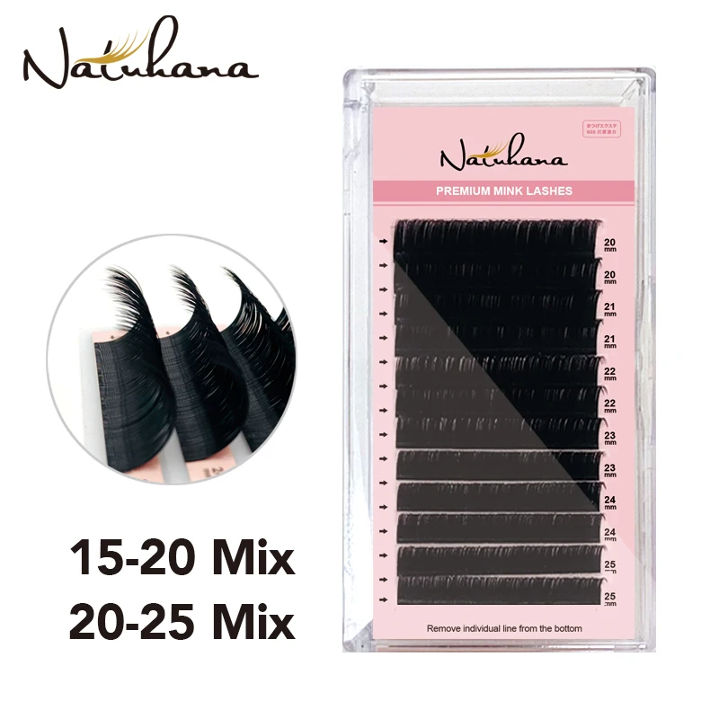 NATUHANA Classic Faux Mink Eyelash Extensions Mixed Tray 5-25mm Natural Soft Matte Black Individual Lashes Faux Cils Cilios