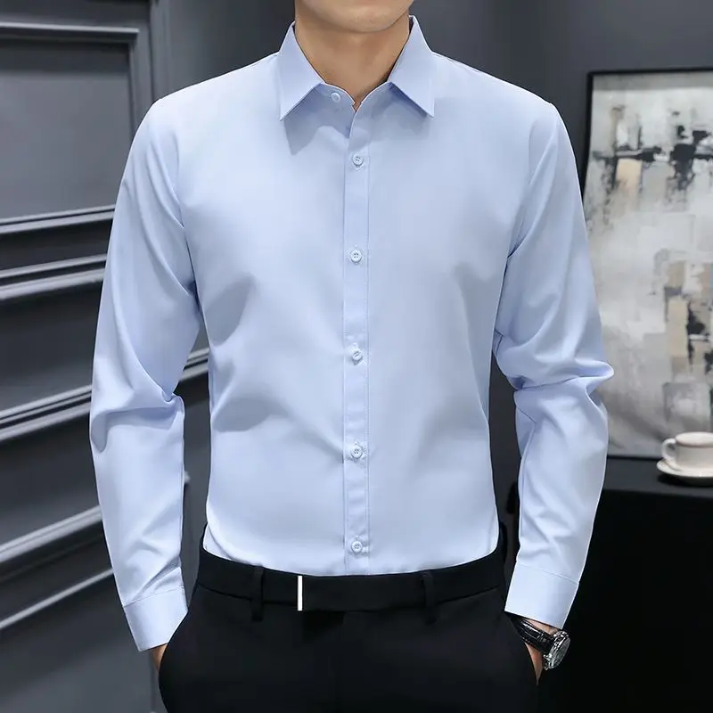 Men Long-sleeved Shirts Spring and Autumn Thin Light Blue Light Gray Work Shirts No-iron Anti-wrinkle Tops