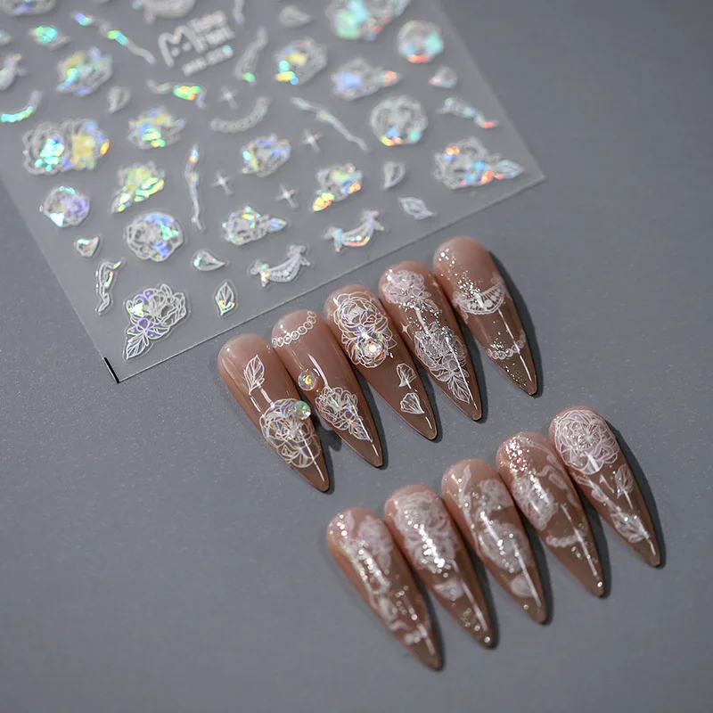 

5D white lace colorful flower nail art stickers with color stamp iron element new technology three-dimensional nail art stickers