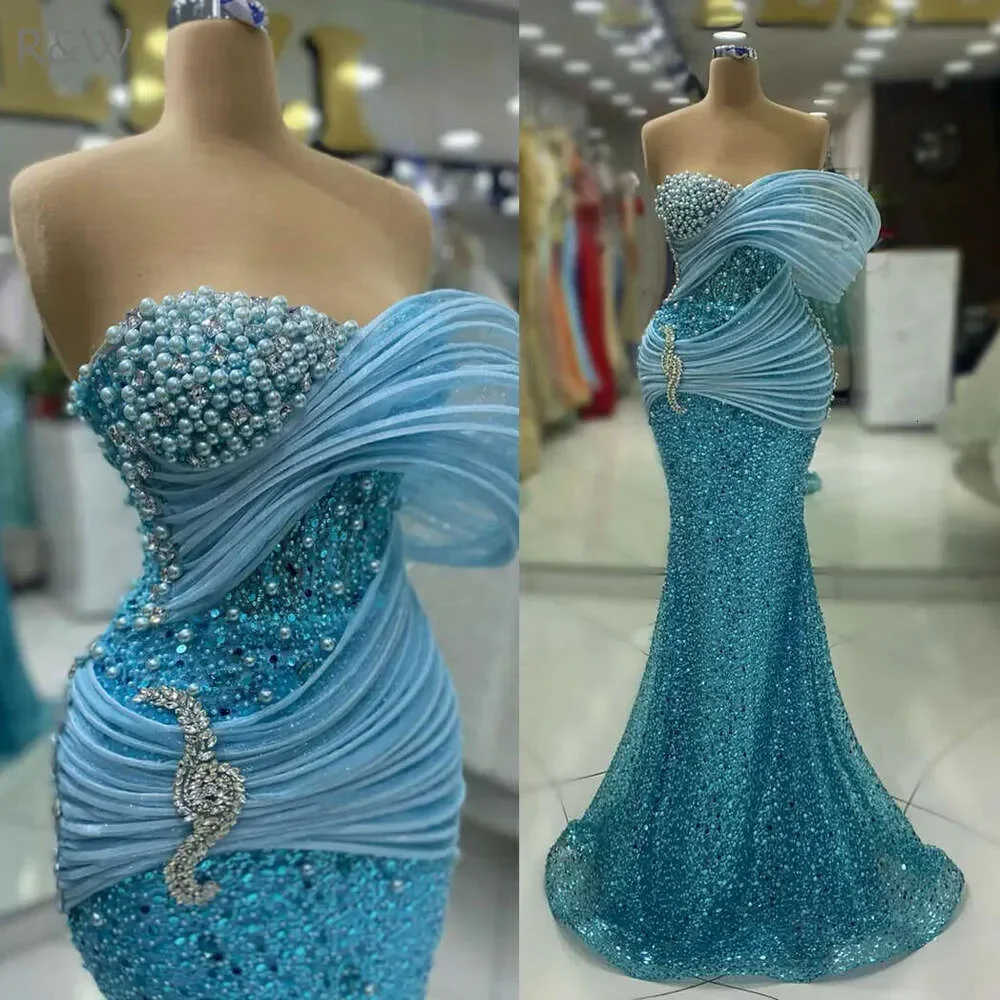 

Glitter Sequined Prom Dresses Sexy One Shoulder Pearls Evening Dress Sleeveless Crystal Floor Length Party Gown Customized