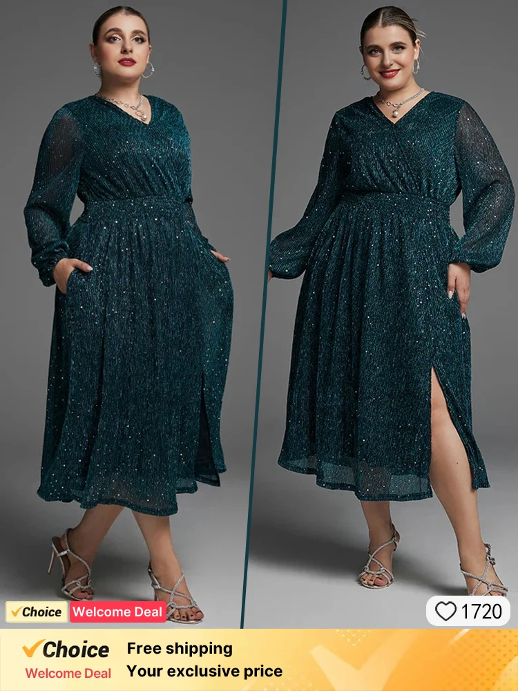 2025 new plus size women's dress green chiffon long sleeved dress sexy sequin V-neck evening dress casual women's stretch dress