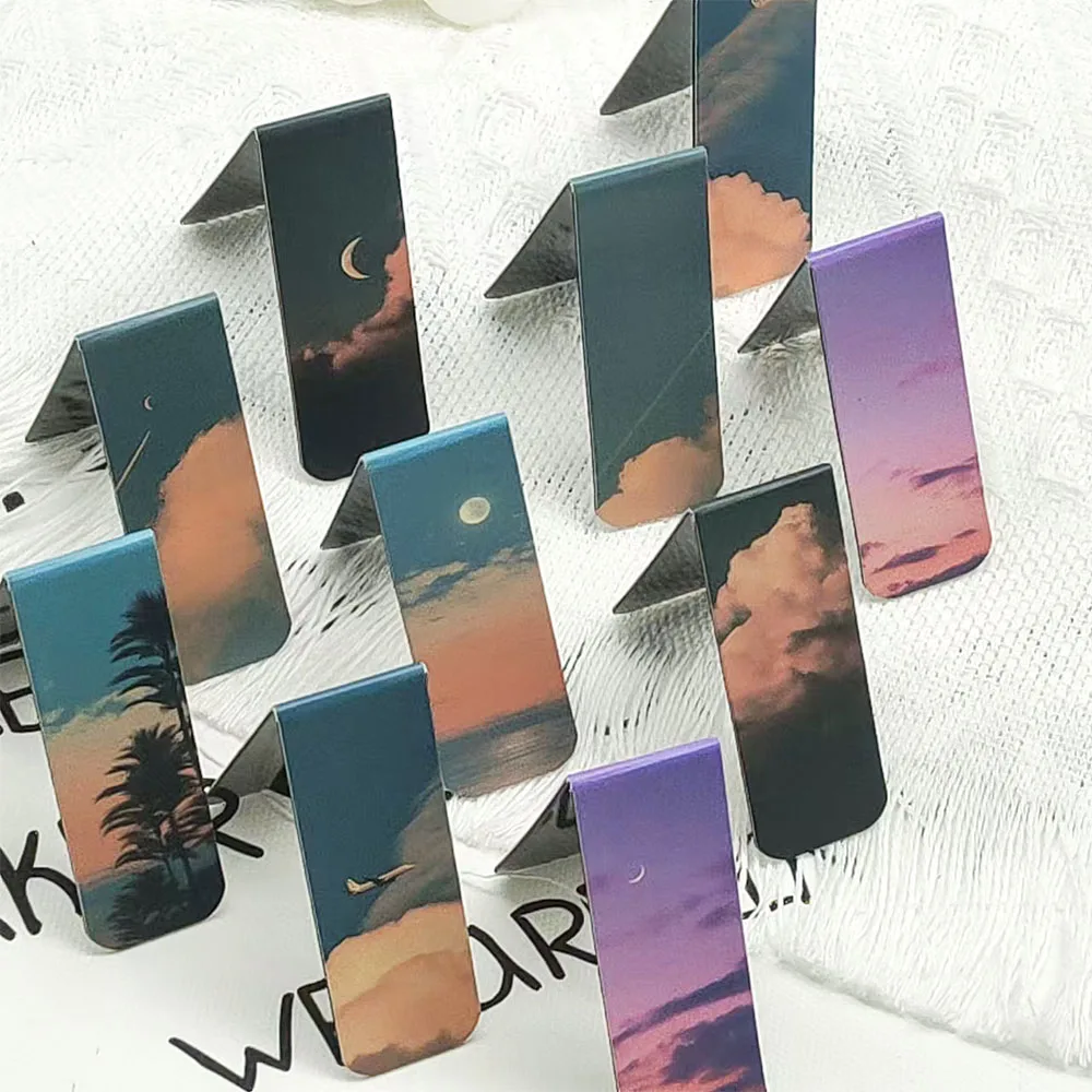 5PCS Twilight Whispers Magnetic Bookmark Student Stationery Creative Gifts Page Break Reading Tags Sunset Scenery Read The Card