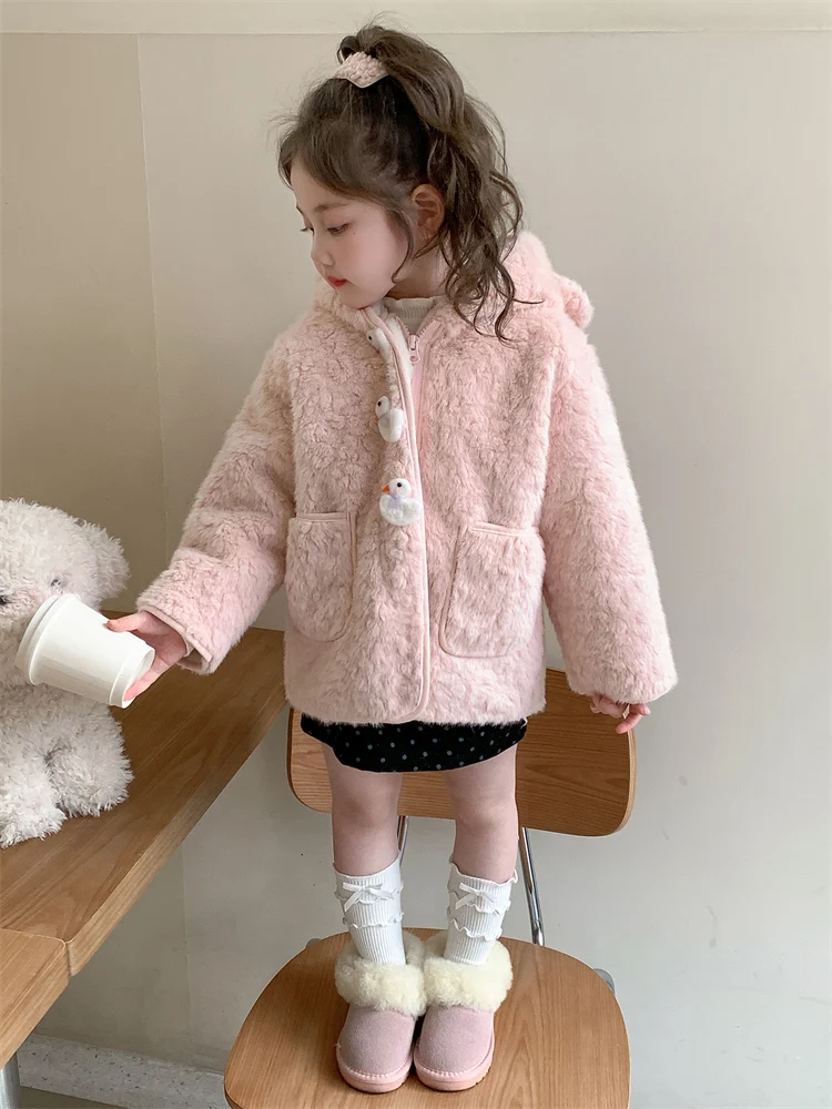 Chaqueta de Invierno con Capucha para Niñas, Estilo Coreano, Abrigo Cálido y Moderno, Cierre de Botones, Color