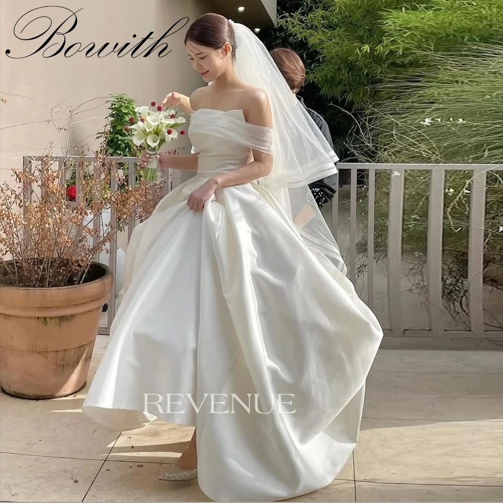 Bowith Korean Wedding Dresses Photo Shoot Customized Off the Shoulder Satin Wedding Dress Floor-Length Long Corset Bride