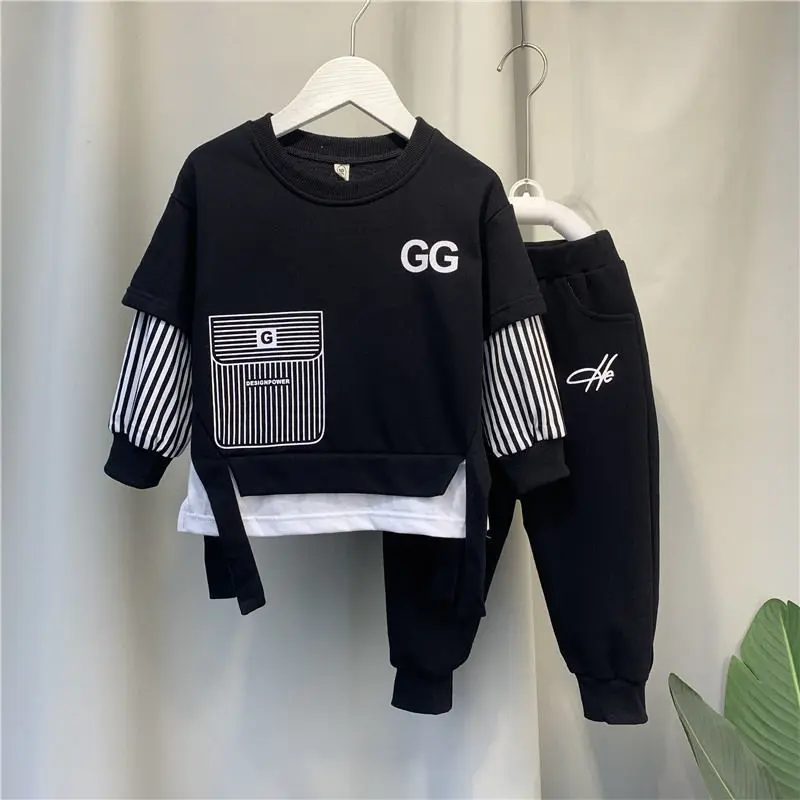 Children's Suit Long-sleeved Sweatshirt Boy Suit Spring and Autumn Street Style Thin Top + Cuffed Trousers 2-piece Set