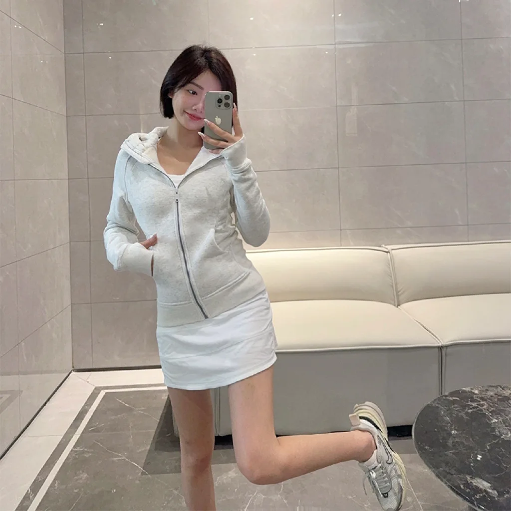 لولو سكوبا اليوغا اللياقة البدنية فضفاضة كاملة البريدي الصوف مقنعين البلوز نصف البريدي سترة رياضية عارضة الكورية نمط طويلة الأكمام القطن #3