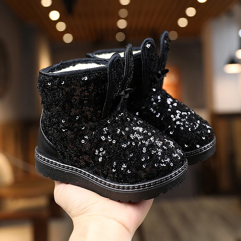 Botas de nieve con lentejuelas para niños, botas cortas impermeables para bebés, cómodas y suaves, zapatos de casa para interiores y exteriores,