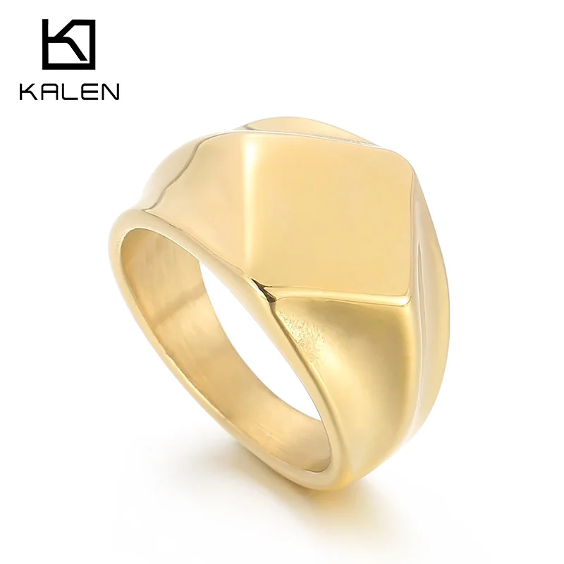 KALEN Rhombic Geometric Ring Men's Domineering Charms Stainless Steel Jewelry Shiny Anillos Accessories Engraved Name Free