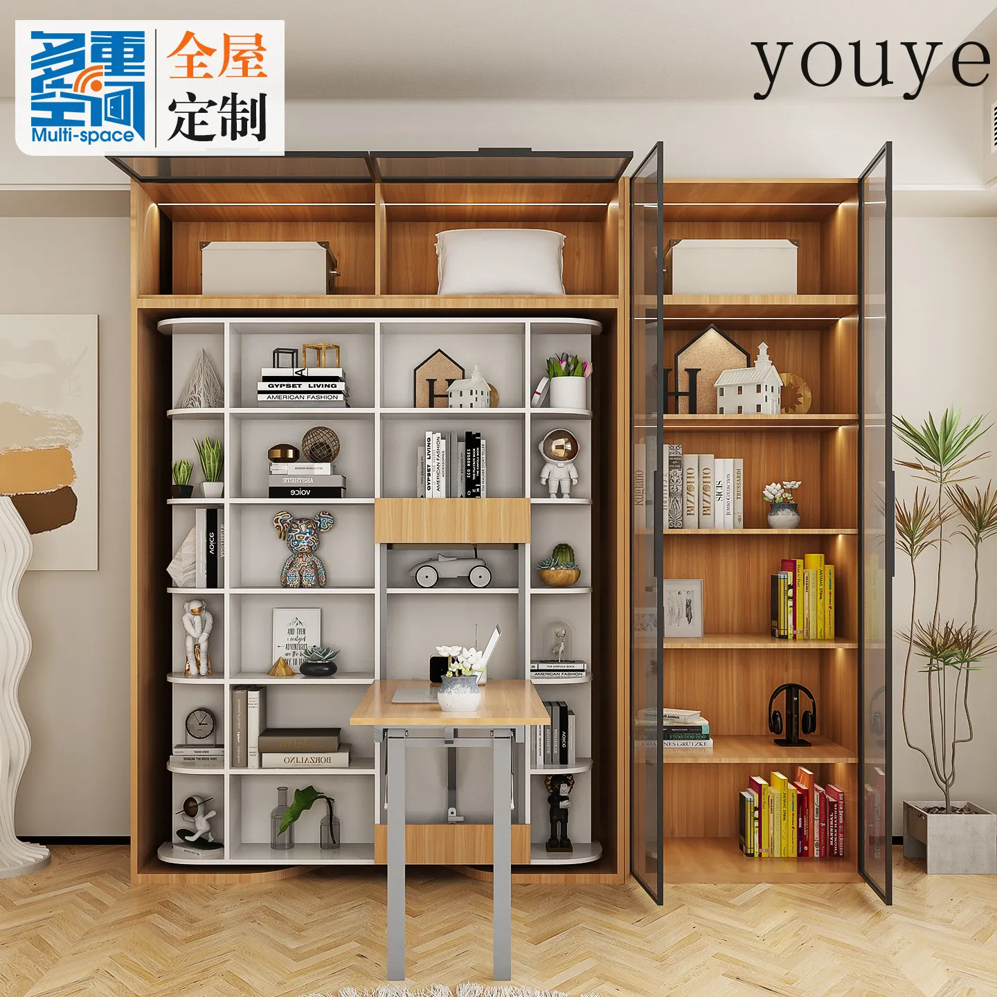 Multi-space solid wood rotating desk cabinet Murphy bed multi-function foldable space-saving wall bed invisible image 3