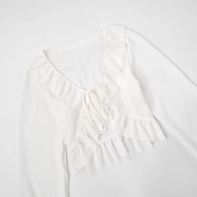 Babados rendas até cardigan colheita topos 2025 outono moda feminina sexy decote em v alargamento manga longa camisas de férias streetwear blusas