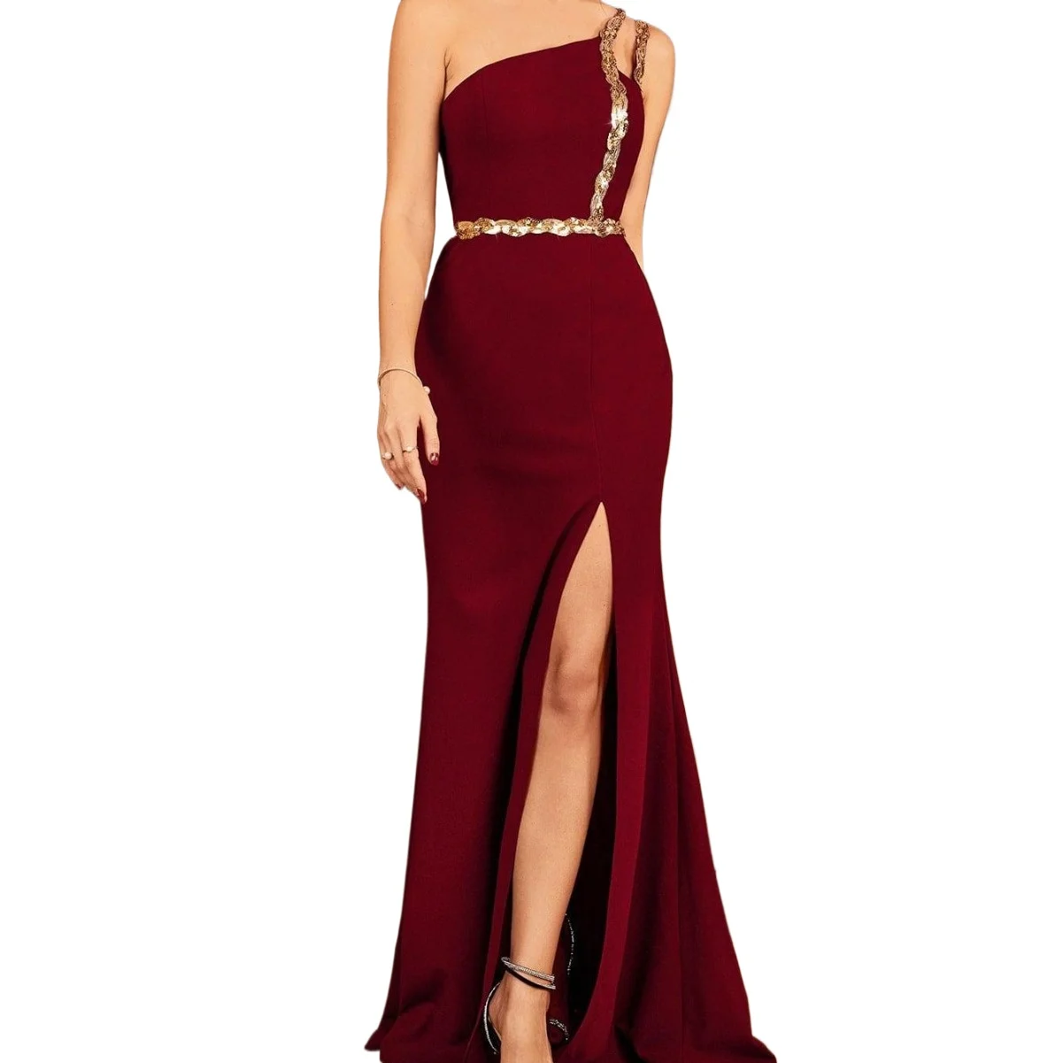 

Chic Sequined Waist One Shoudler High Split Long Formal Evening Dress
