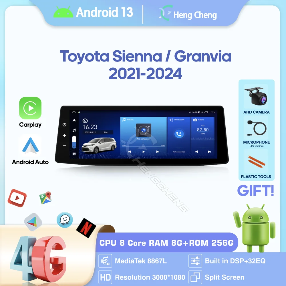 

Автомобильный мультимедийный плеер Android 13, 15,9 дюйма, для Toyota Sienna/Granvia 2021-2024, GPS-навигация, 8 ядер, 8 + 256 ГБ, CarPlay, 4G, 360 камера