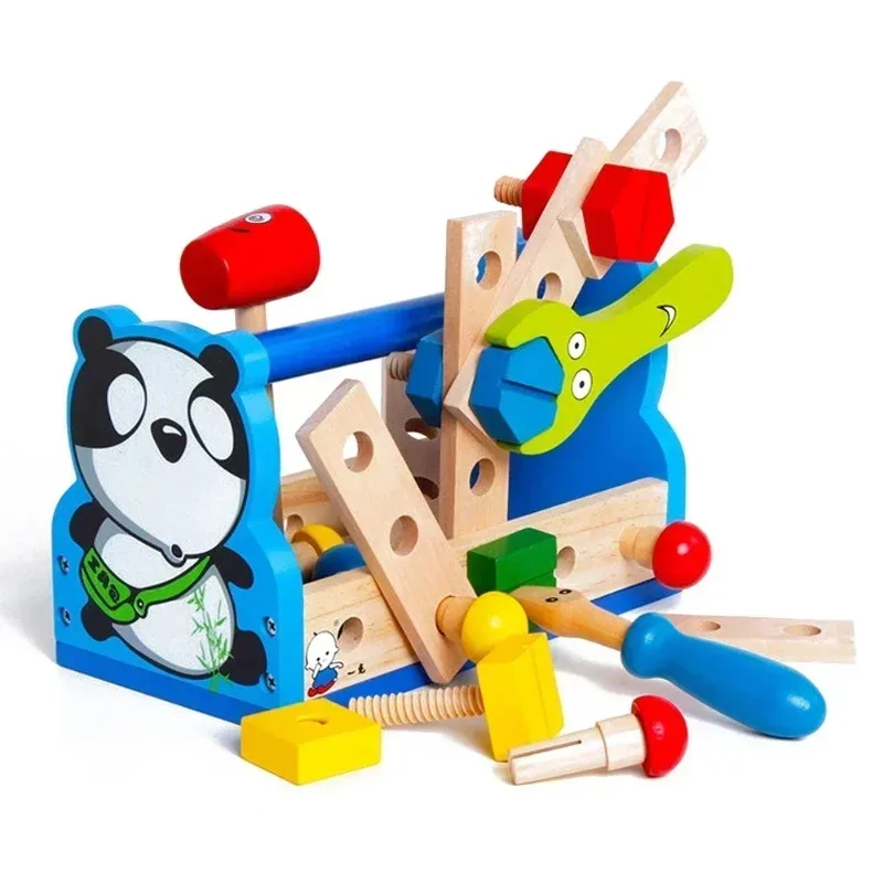 Engraçado caixa de ferramentas de reparo de panda de madeira crianças carpinteiro construção segura chave de martelo de madeira adereços conjunto menino fingir jogar brinquedo de jogo