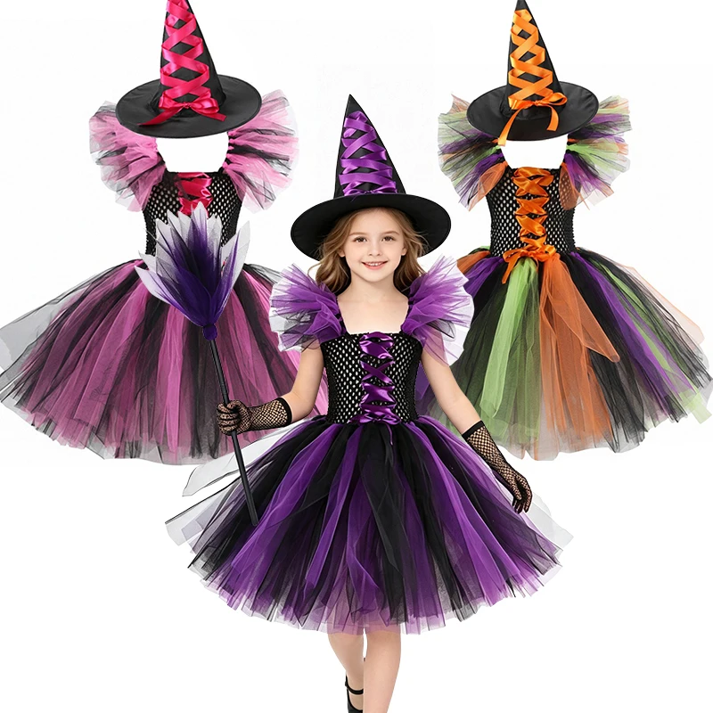 Kids Halloween Fancy Dress Costume Girls Witch Style Tutu Outfit with Hat and Broom for Theme Party Carnival Role Play Show
