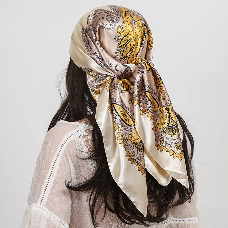 Luxus Marke Platz Silk Schal Frauen Schal 90*90cm Cashew Druck Kopftuch Femme Kopf Schal Foulard Satin Bandana hijab Schals – Detail 7
