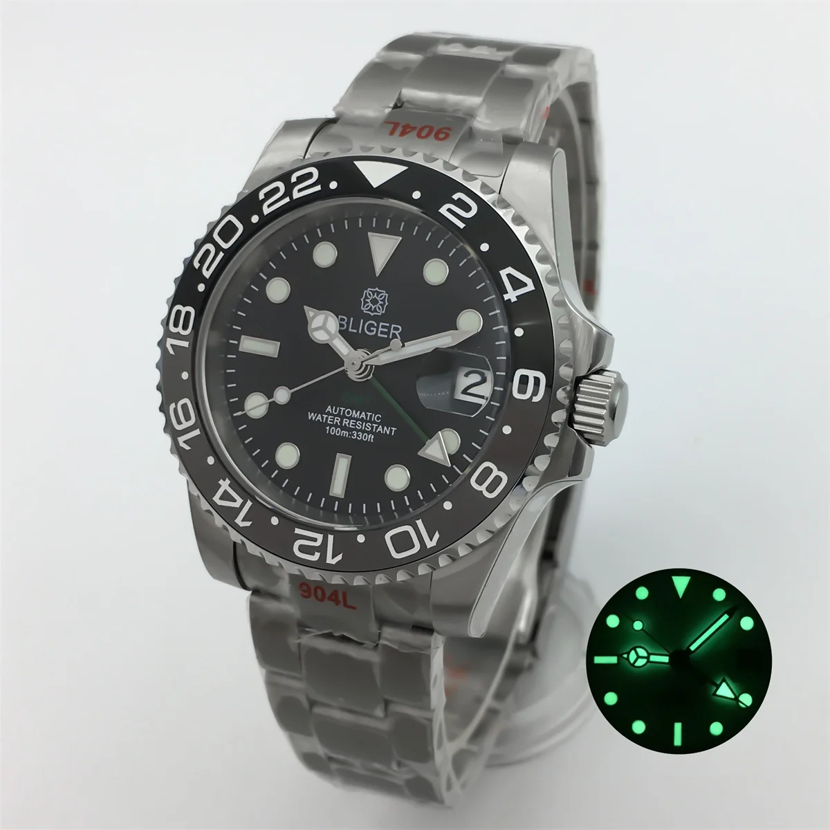 BLIGER 40mm GMT Men's mechanical watch NH34A Sapphire Glass Black gray ceramic bezel Green GMT letters Black dial Green luminous