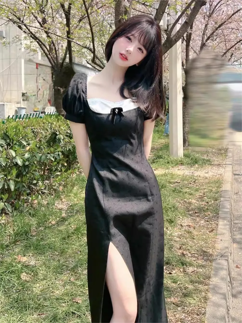 

Women's Neckline Waist Dress New Summer Slim With Temperament A-line Bubble Sleeve Bow Style Black Pink Size S-XL Vestidos