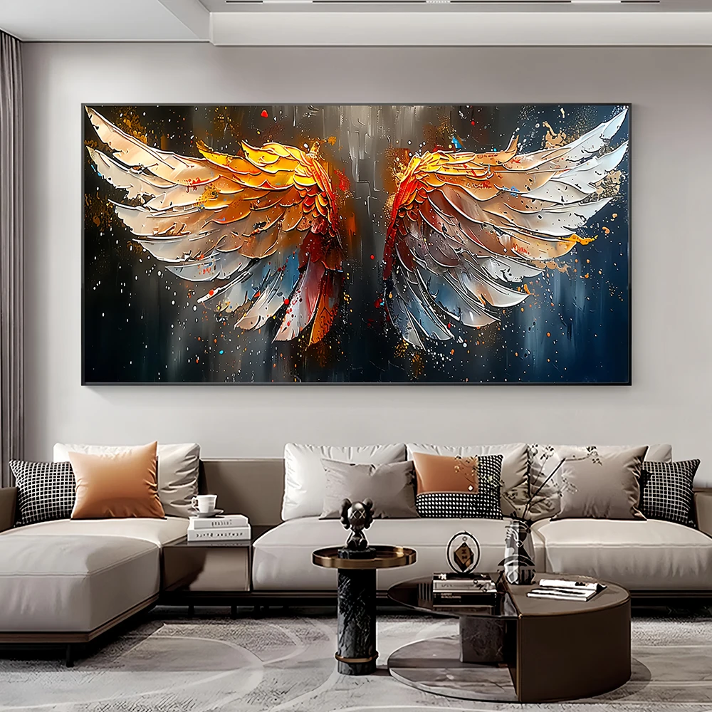 Large Frameless Canvas Wall Art,Abstract Luxury Golden Angel Wings Canvas Painting Colorful Feather Wings 3d Texture Canvas Pain