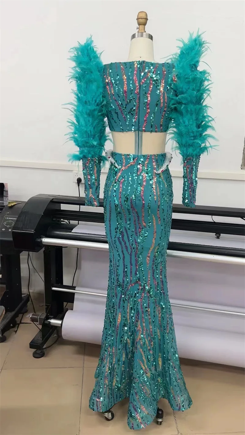 Luxury Expose Waist Sequins Woman Set Gorgeous Feathers Sleeve Short Top And Mermaid Long Skirt 2 Pieces Performance Costume