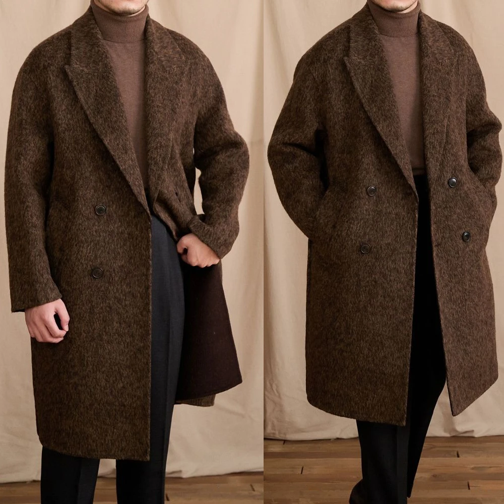 Classic Brown Wool Double-Breasted Overcoat with Notch Lapel and Loose Fit Men Autumn Vintage Long Coat Customized E26101