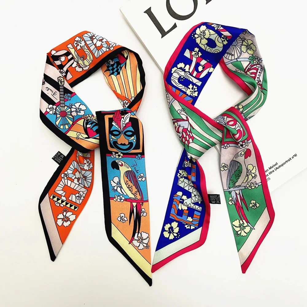 Bag Handbag Handle Ribbon Scarf for Package Band Hair Head Neck Neckerchief Letters Parrot Print Silk Scarf Bracele