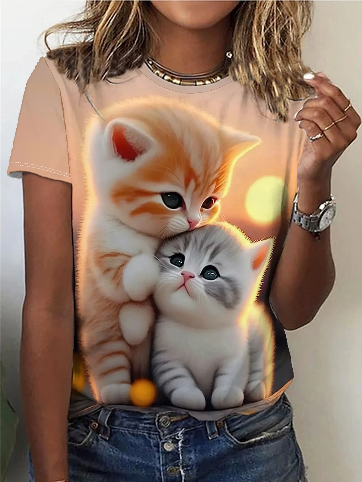 Two cute little cats Print T-shirt, Casual Crew Neck Short Sleeve Top For Spring & Summer, Women\'s Clothing