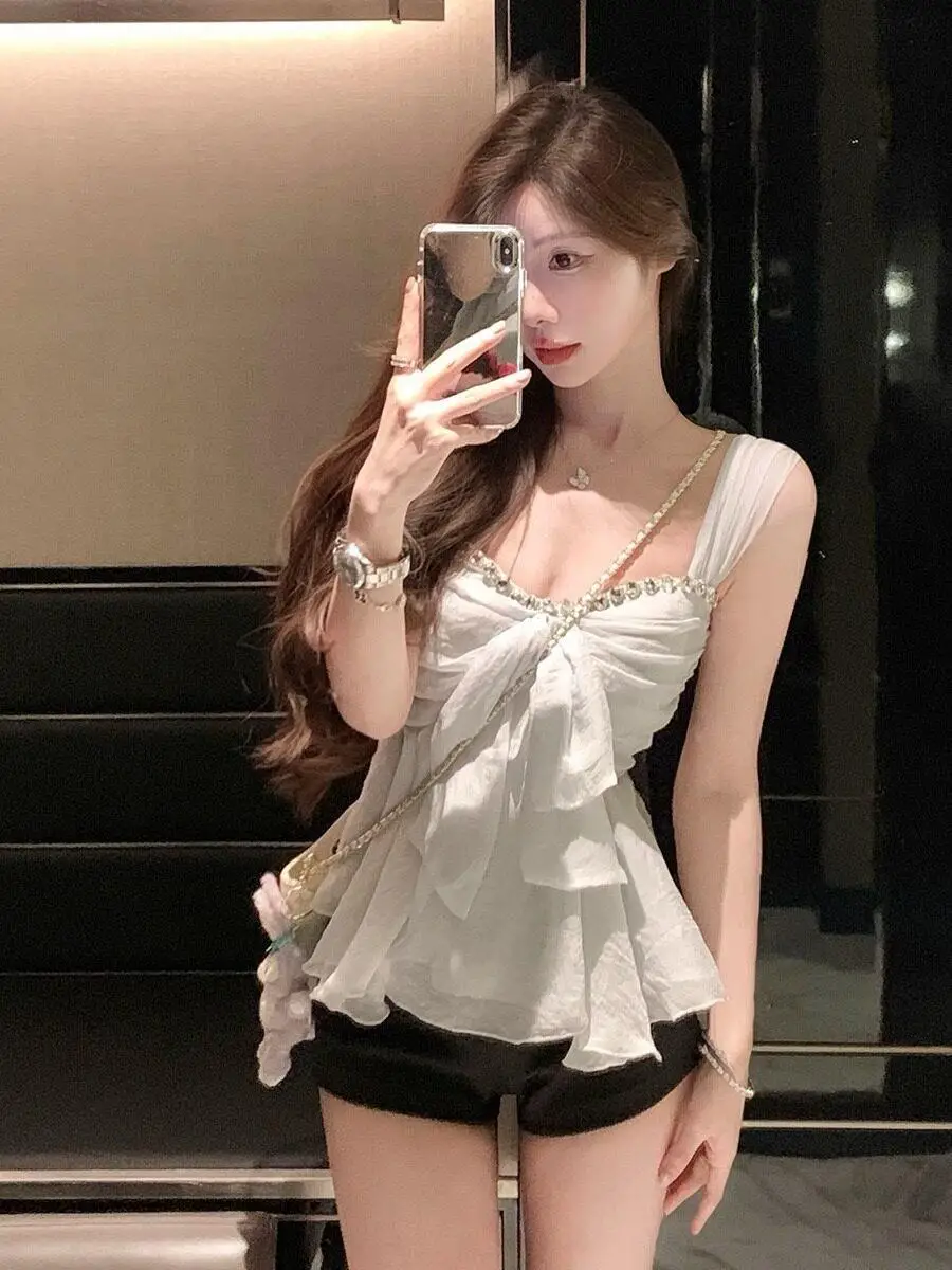 Diamond Embedded Strap Vest Women's Summer Elegant Unique Short Style Top High-End Design Sensation Commute Style Slim Fit