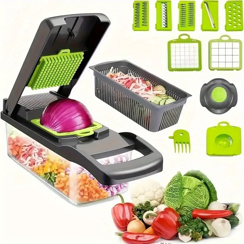 1 Set 16pcs Multifunctional Vegetable Chopper - Manual Food Slicer, Grater, and Cutter with Interchangeable Blades and Container