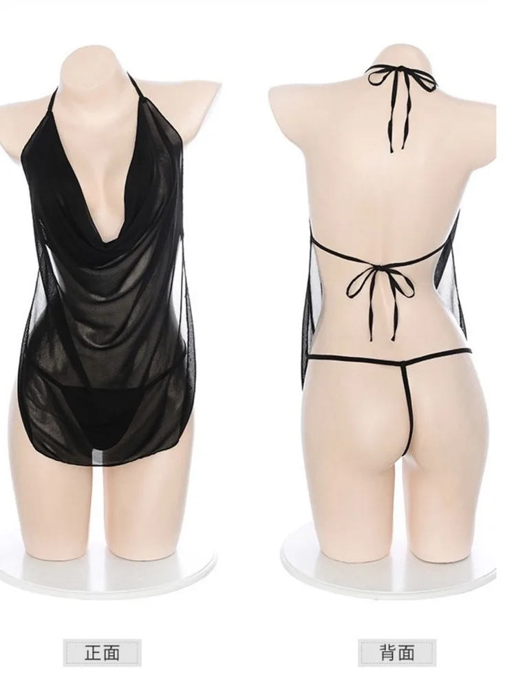 WOMENGAGA Fairy Tops Cosplay Sexy Large Backless Mesh Lace Mini Tank Dress Transparent Halter Neck Girl Hot Sexy Korean VEM2