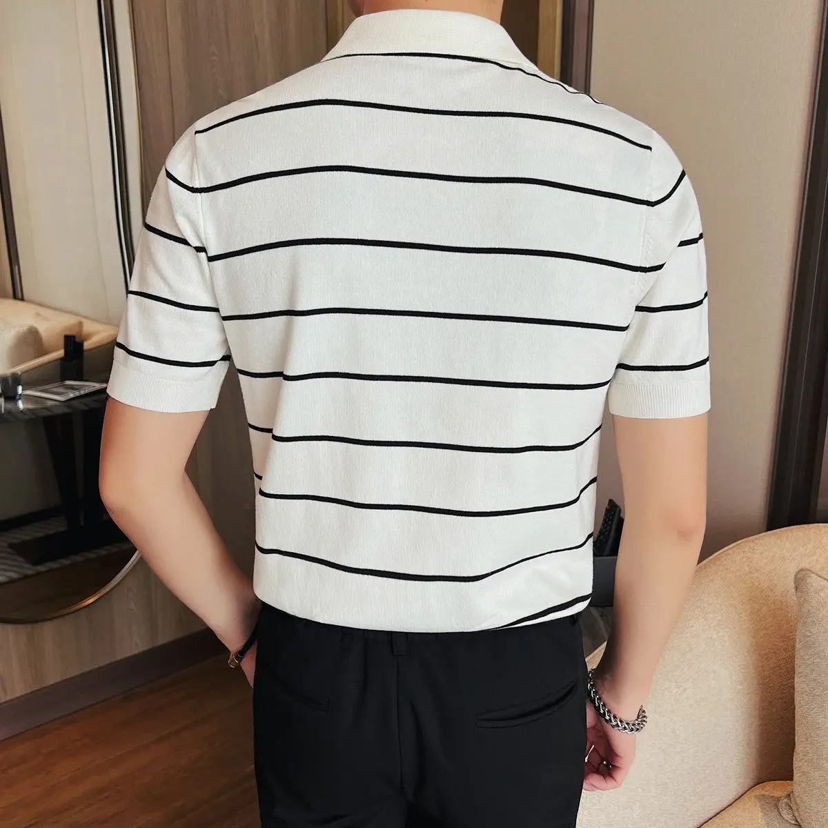 Men's Slim Fit Striped Knit Polo Shirt, Breathable & Sweat-Wicking, Fake Two-Piece Design, Business Casual Short Sleeve T-Shirt