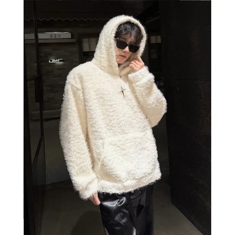 

Autumn Winter Thiened Men's Hoodie Faux Mink Fur Sle Lazy Sle Couple Korean Sle Heavyweight Hooded Sweatirt