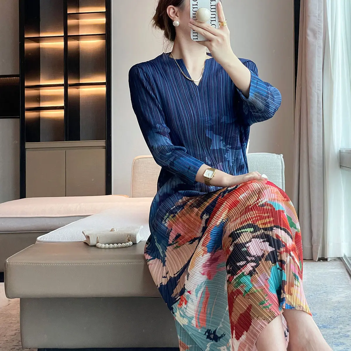 Wrinkle 2024 Autumn New French Oil Painting Print Design Dress Women's Elegant Slim Fit Long Dress LOOSE