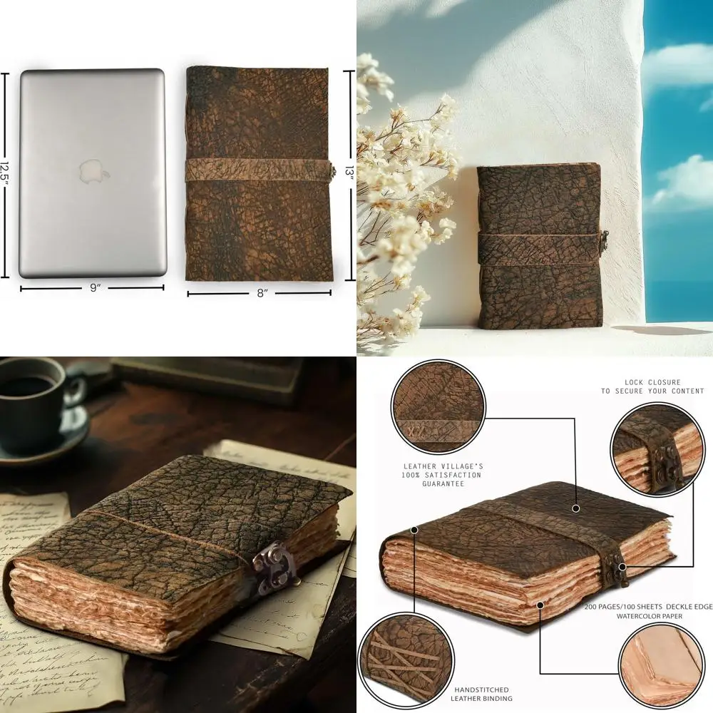 ヴィンテージ手作り日記帳（鍵付き） - A4サイズ、水彩紙の縁、アートや執筆に最適な200ページ